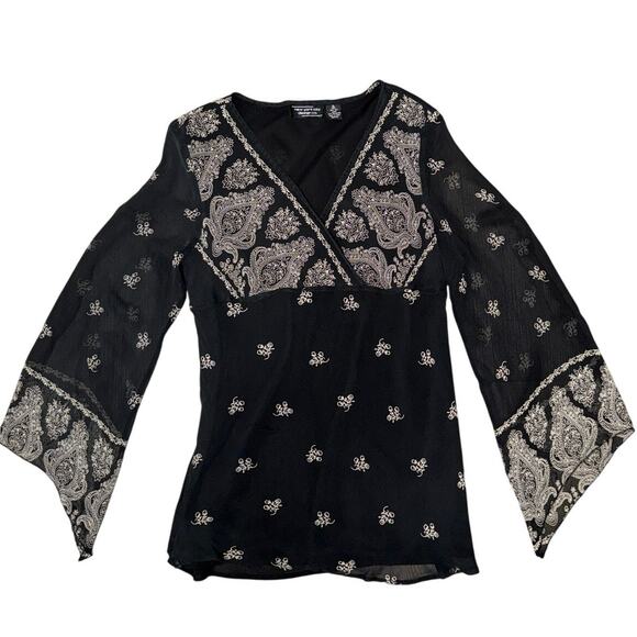 Y2K Black V Neck Floral Paisley Print Fairy Sleeves Silk Baby Doll Top Size XL - Picture 2 of 7